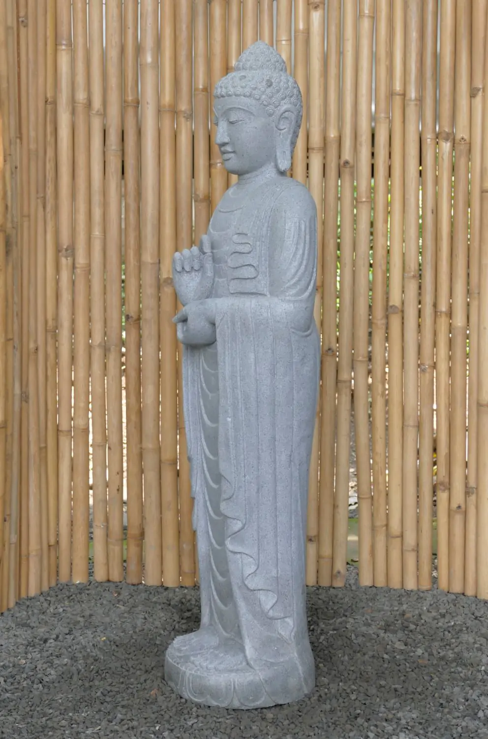  Product image 2 of the product “Standing Buddha made of Riverstone in Dharmachakra position - gesture of wheel of the teaching of Dharma. About 143cm height ”